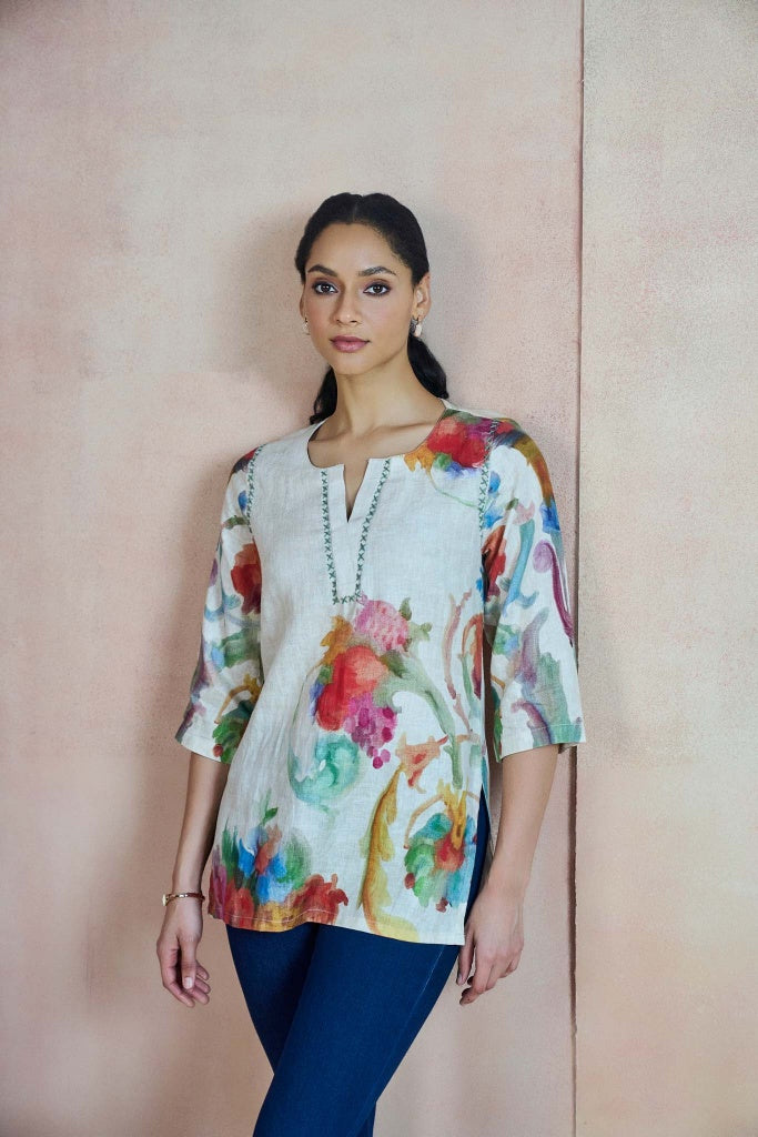 Ivory Linen Top with Watercolour Floral Print