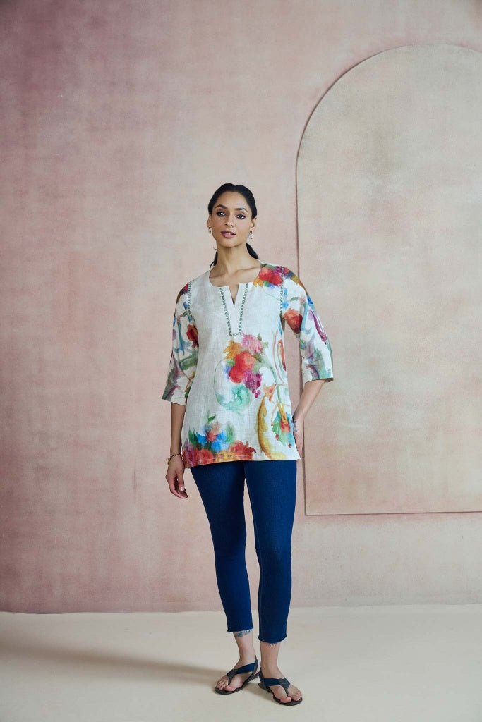 Ivory Linen Top with Watercolour Floral Print