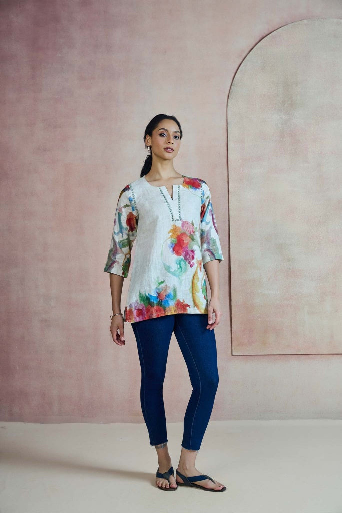 Ivory Linen Top with Watercolour Floral Print