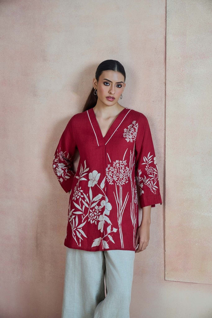 Crimson Linen Top with Botanical Print