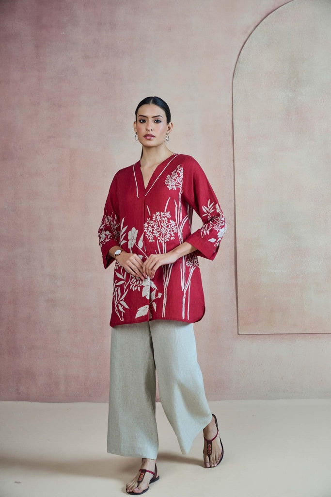 Crimson Linen Top with Botanical Print