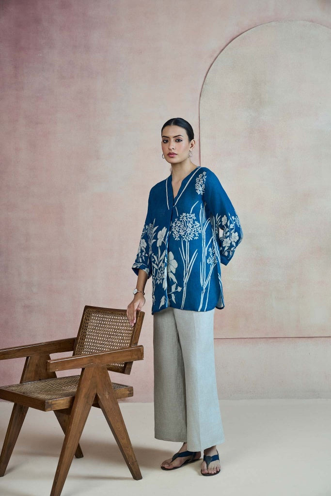 Teal Blue Linen Top with Botanical Print