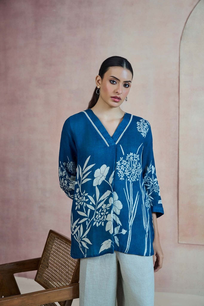 Teal Blue Linen Top with Botanical Print