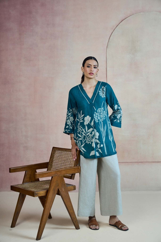 Deep Teal Linen Top with Botanical Print