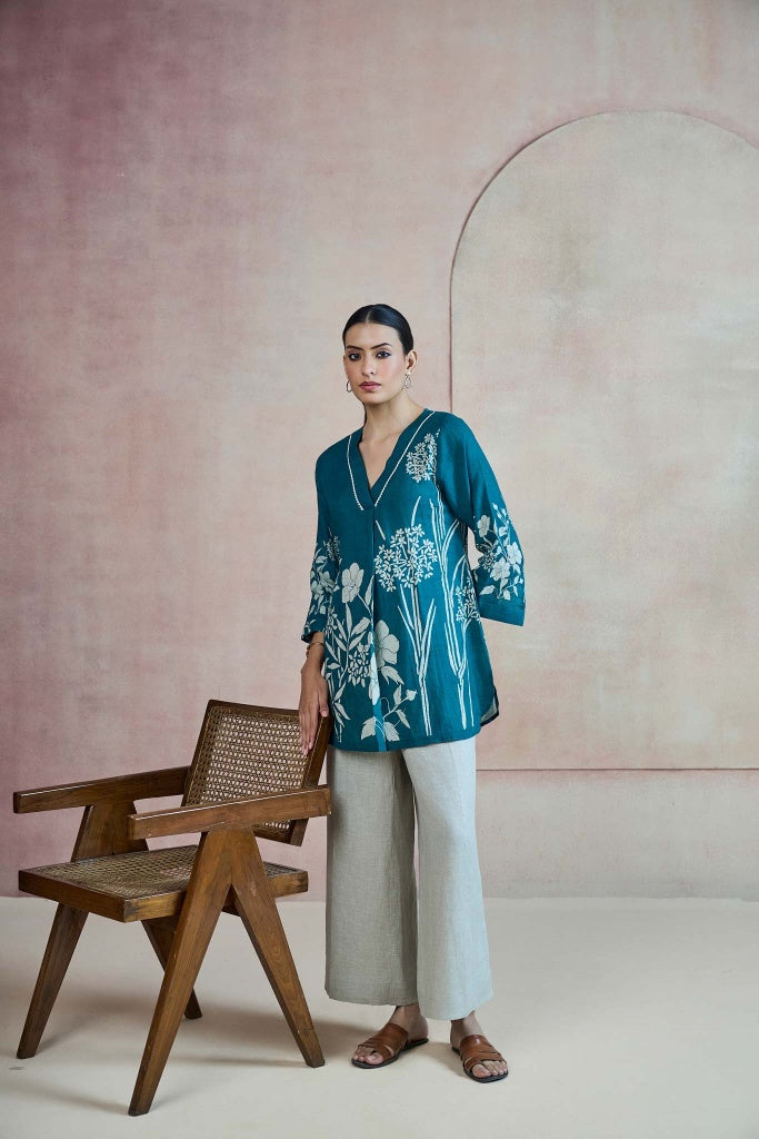 Deep Teal Linen Top with Botanical Print