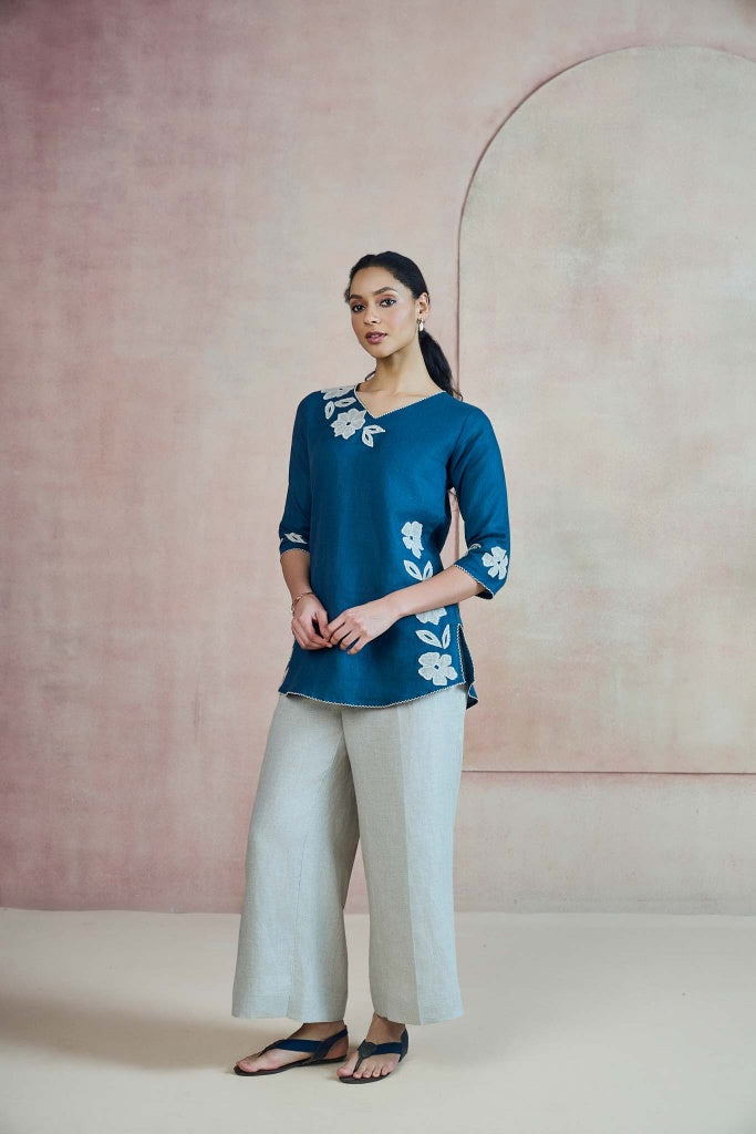 Teal Blue Linen Top with Floral Appliqué