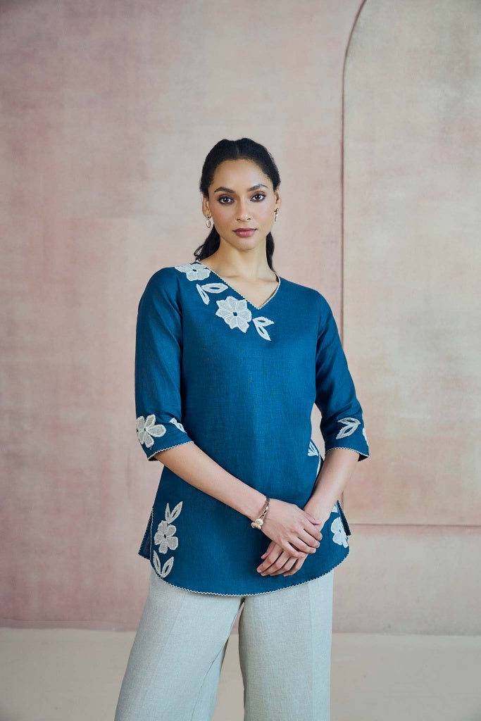 Teal Blue Linen Top with Floral Appliqué