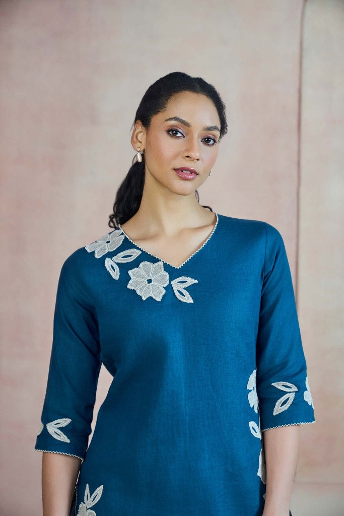 Teal Blue Linen Top with Floral Appliqué