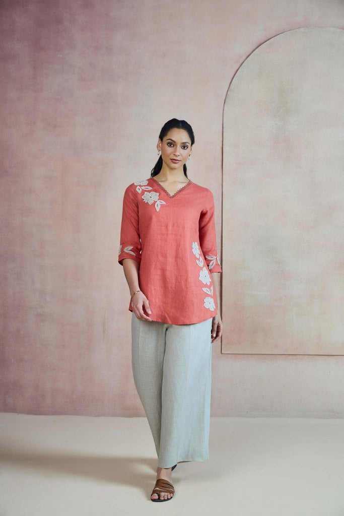 Terracotta Linen Top with Floral Appliqué