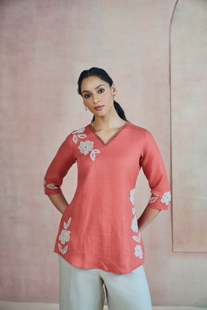 Terracotta Linen Top with Floral Appliqué