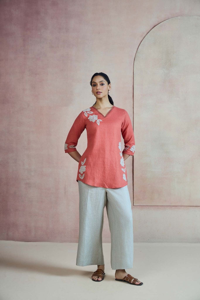 Terracotta Linen Top with Floral Appliqué