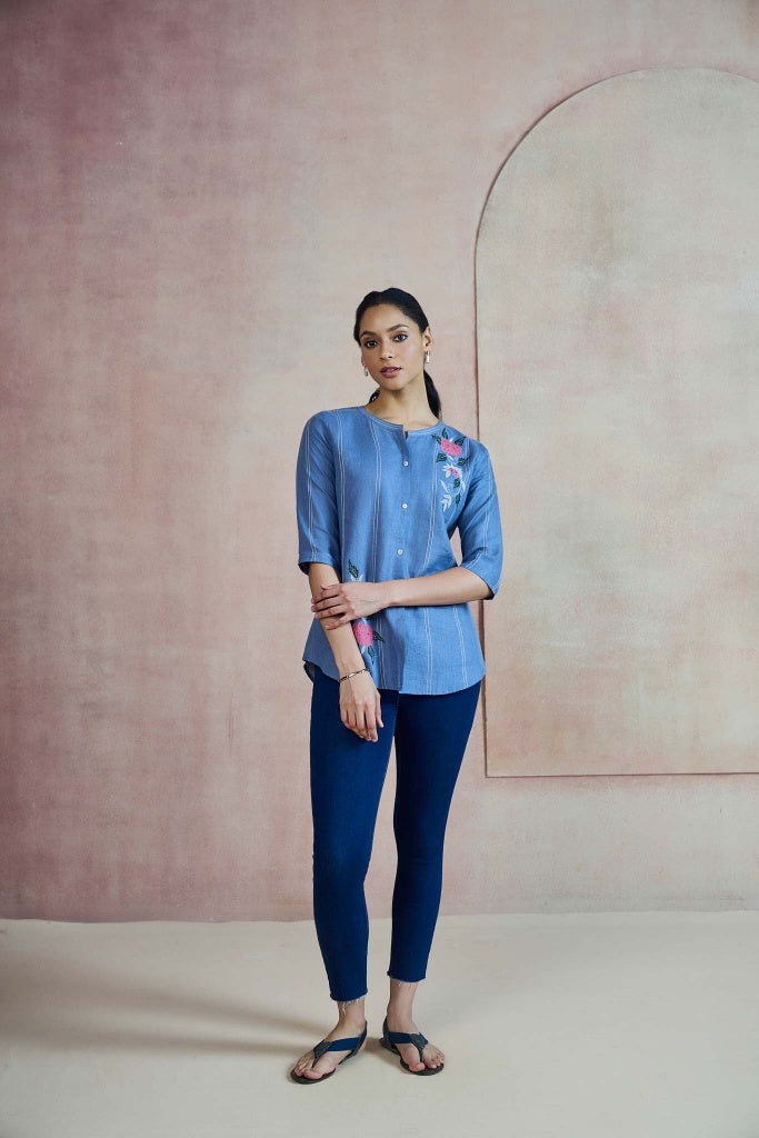 Cornflower Blue Linen Top with Floral Thread Embroidery