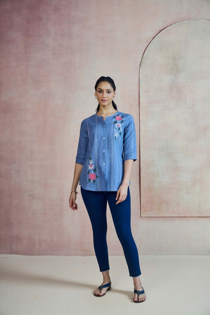 Cornflower Blue Linen Top with Floral Thread Embroidery