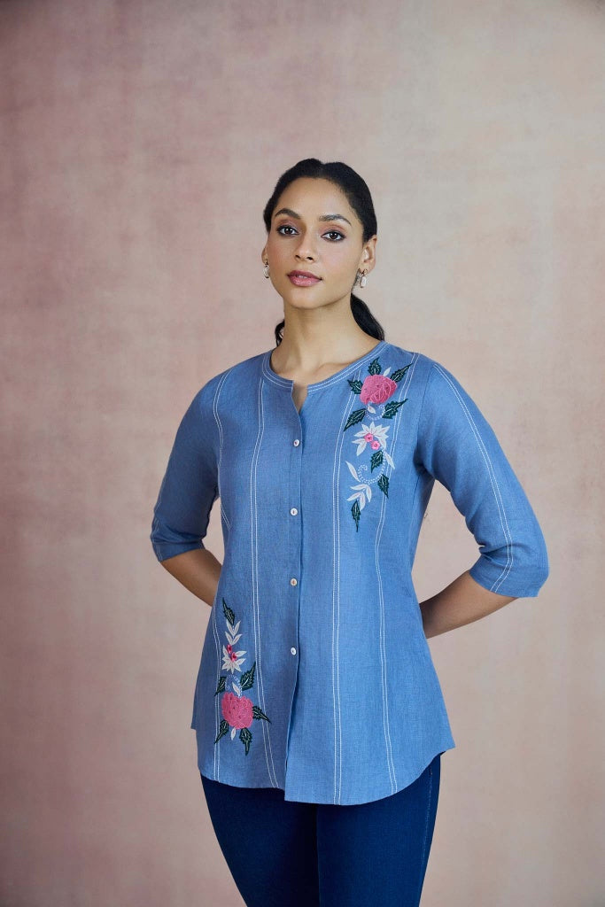 Cornflower Blue Linen Top with Floral Thread Embroidery