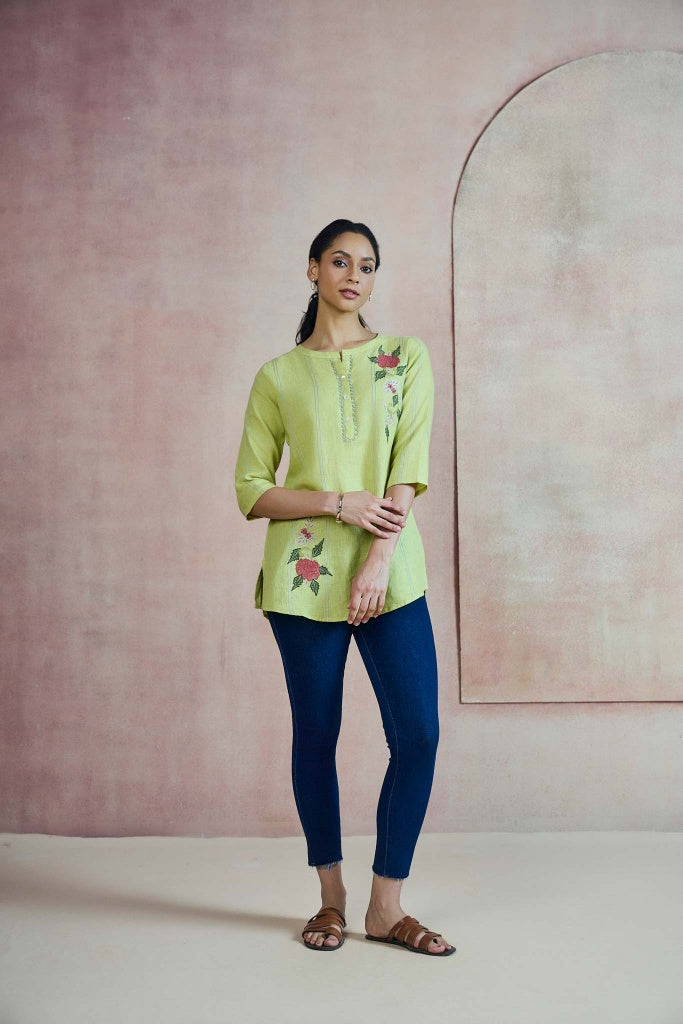 Lime Green Linen Top with Floral Thread Embroidery