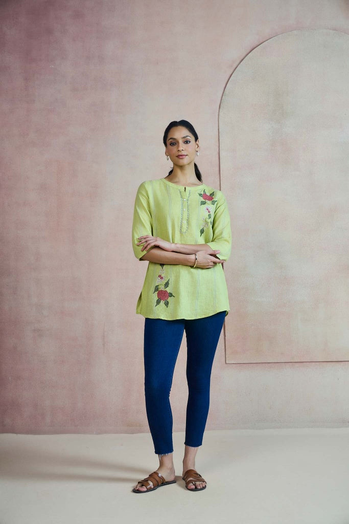 Lime Green Linen Top with Floral Thread Embroidery
