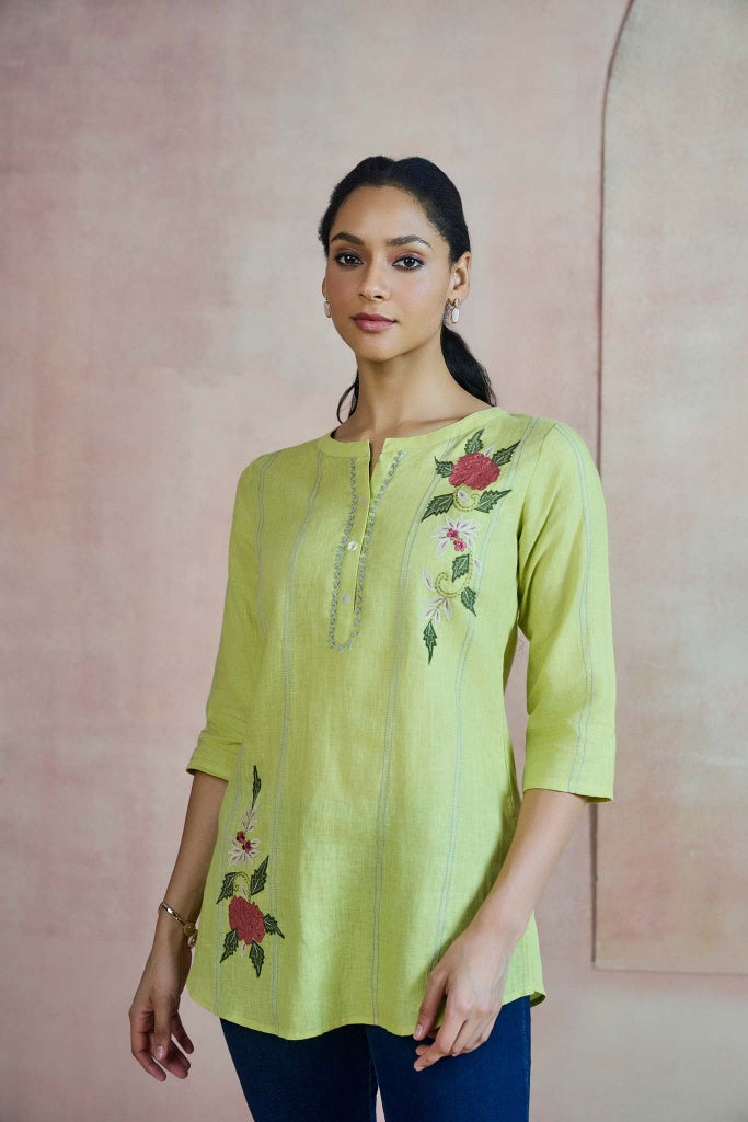 Lime Green Linen Top with Floral Thread Embroidery