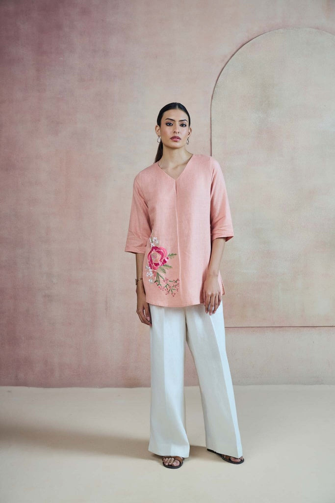 Blush Pink Linen Top with Floral Thread Embroidery