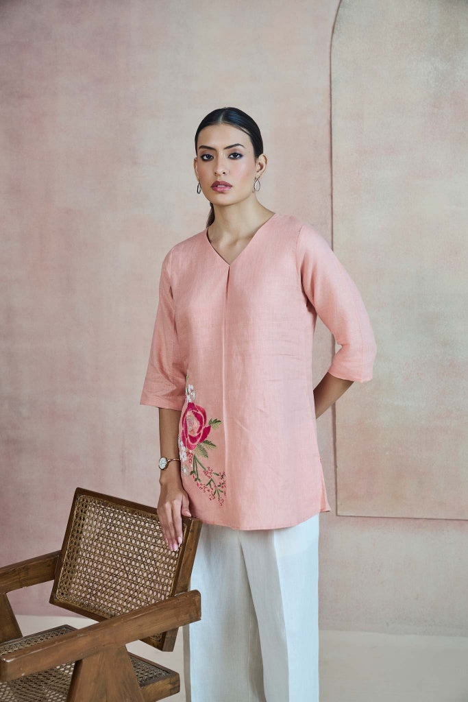 Blush Pink Linen Top with Floral Thread Embroidery