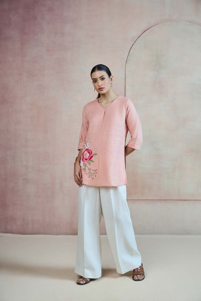 Blush Pink Linen Top with Floral Thread Embroidery