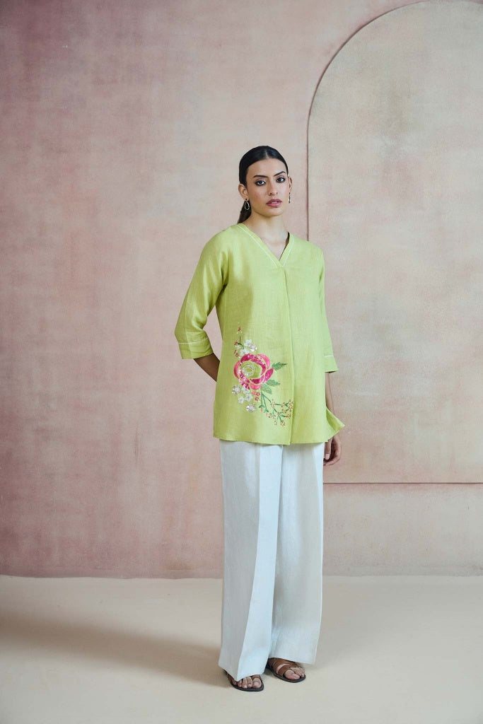 Lime Green Linen Top with Rose Thread Embroidery