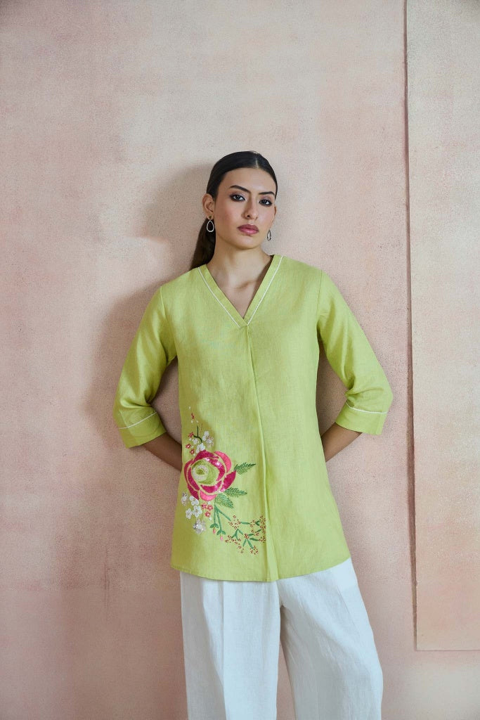 Lime Green Linen Top with Rose Thread Embroidery