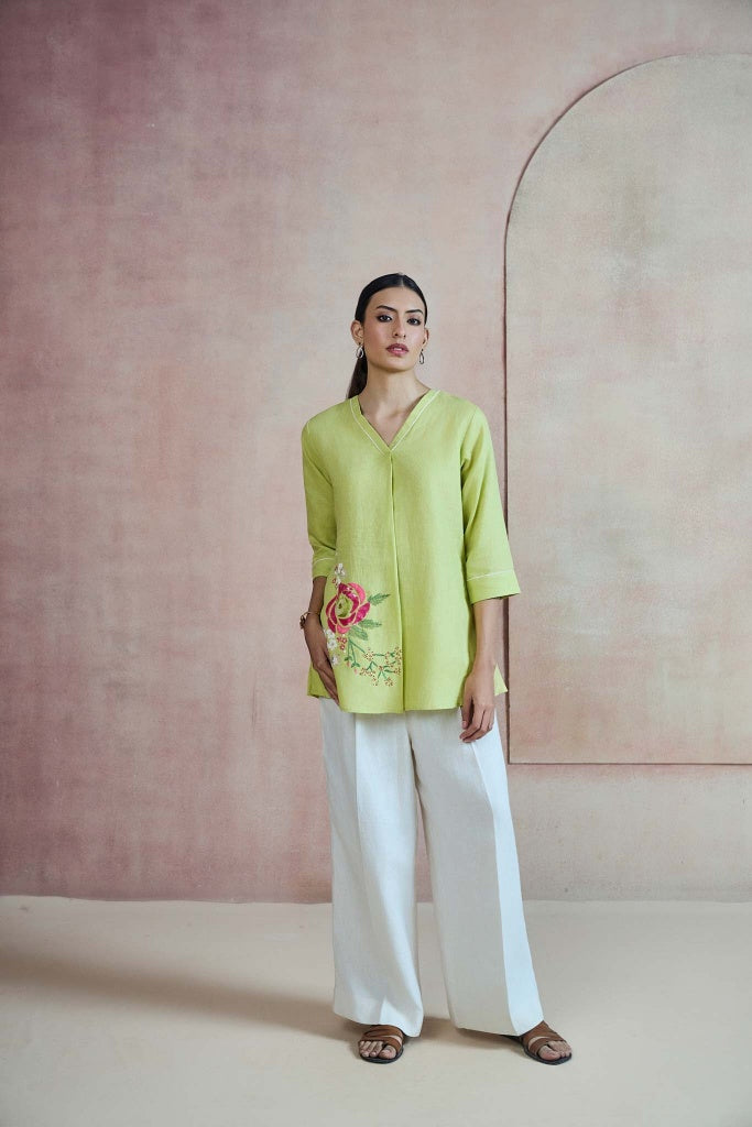 Lime Green Linen Top with Rose Thread Embroidery