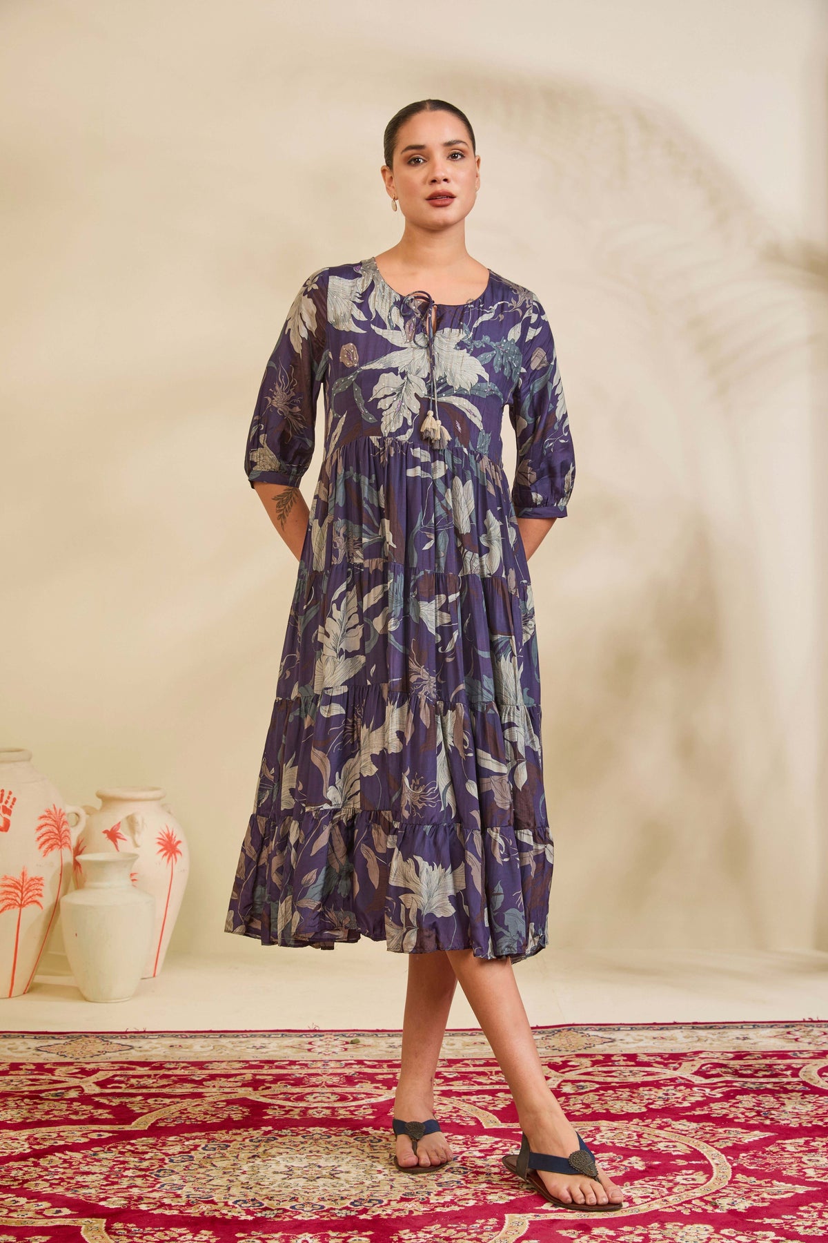 Deep Indigo Printed Muslin Tiered Dress with Tassel Tie-Up Neckline