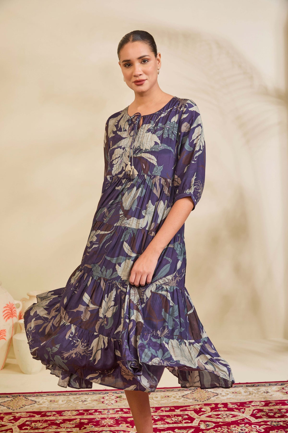 Deep Indigo Printed Muslin Tiered Dress with Tassel Tie-Up Neckline