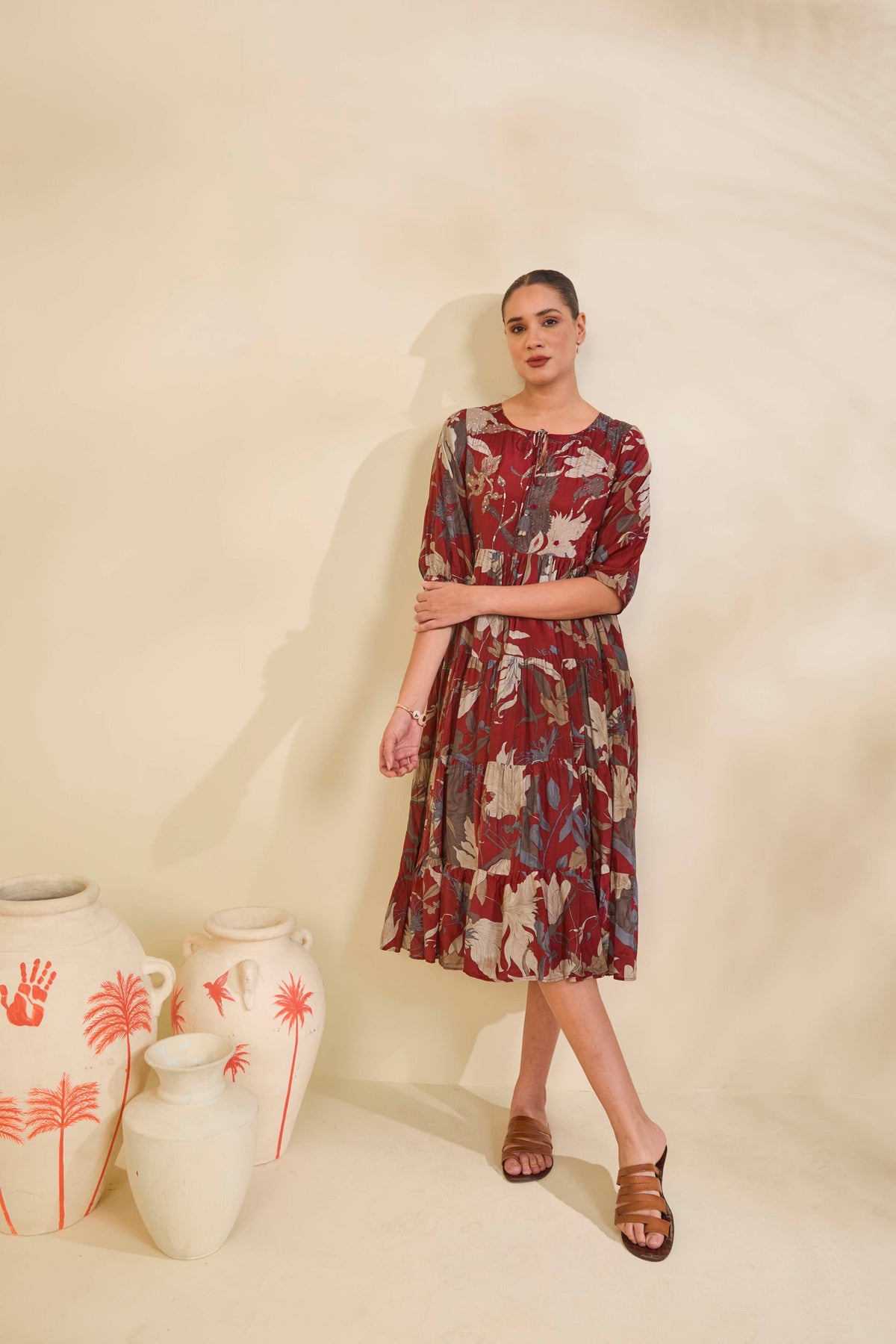 Maroon Printed Muslin Tiered Dress with Tassel Tie-Up Neckline