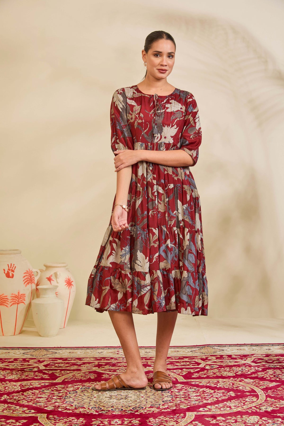 Maroon Printed Muslin Tiered Dress with Tassel Tie-Up Neckline