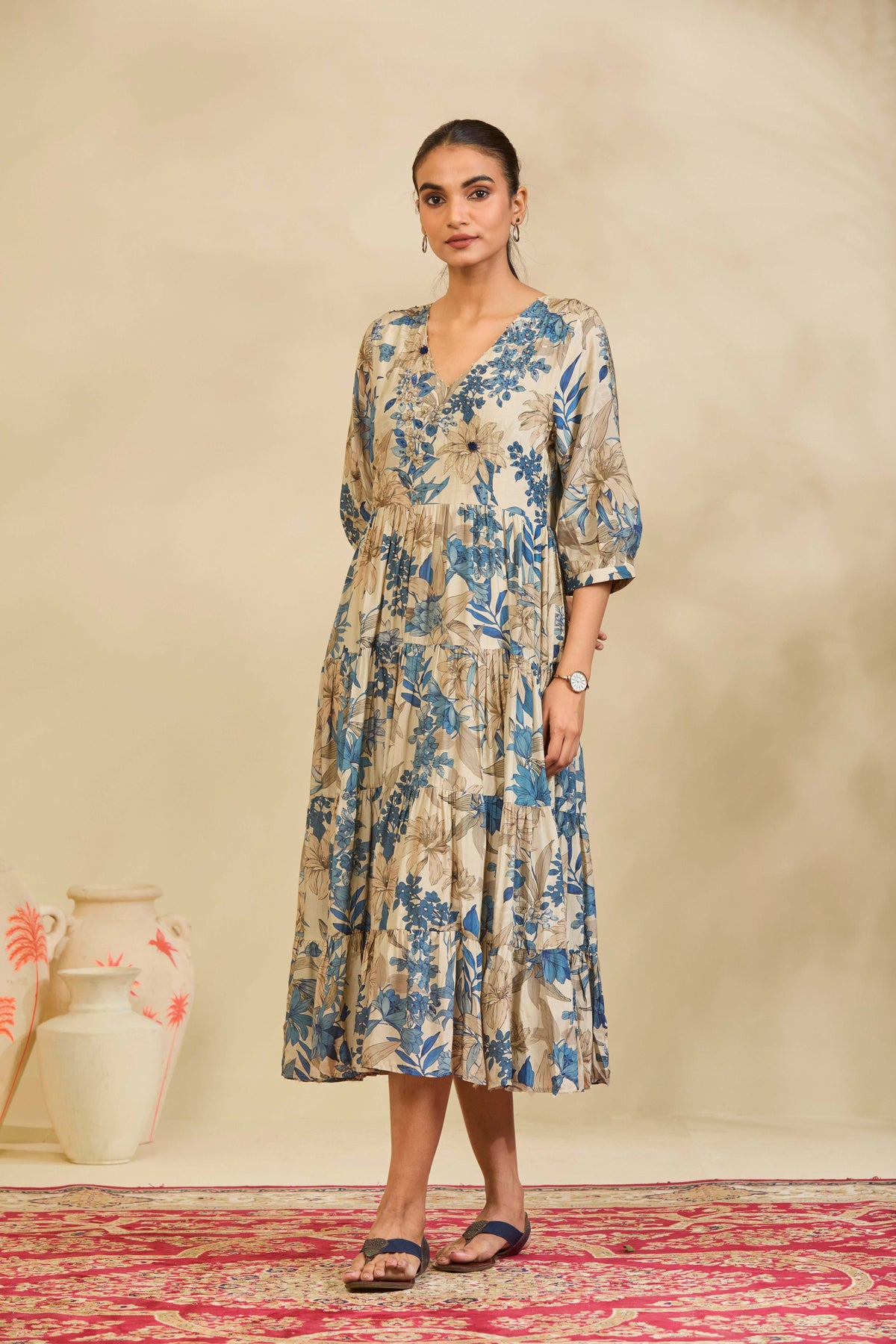 Ivory Blue Printed Muslin Tiered Dress with V-Neckline and Hand Embroidered Yoke