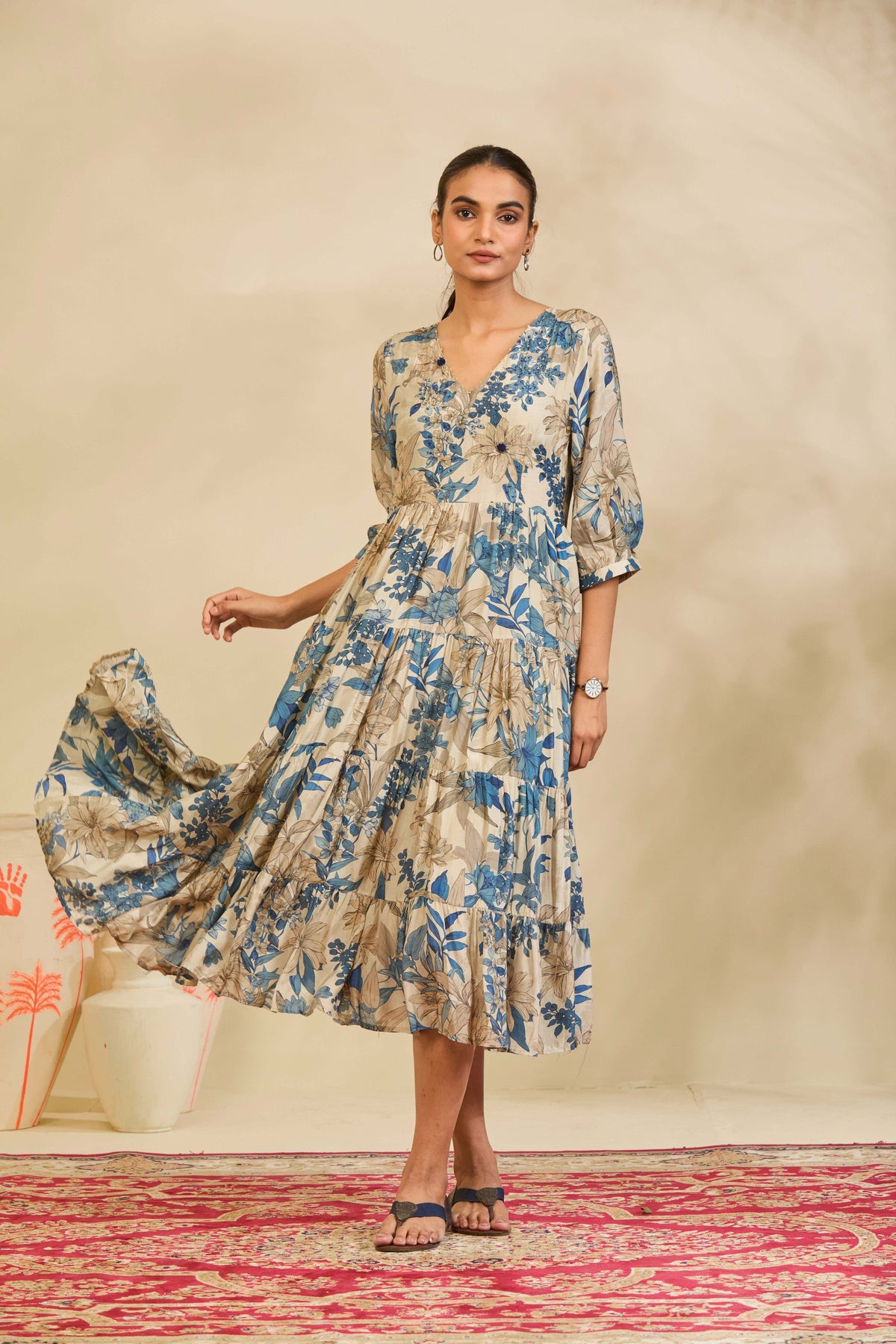 Ivory Blue Printed Muslin Tiered Dress with V-Neckline and Hand Embroidered Yoke