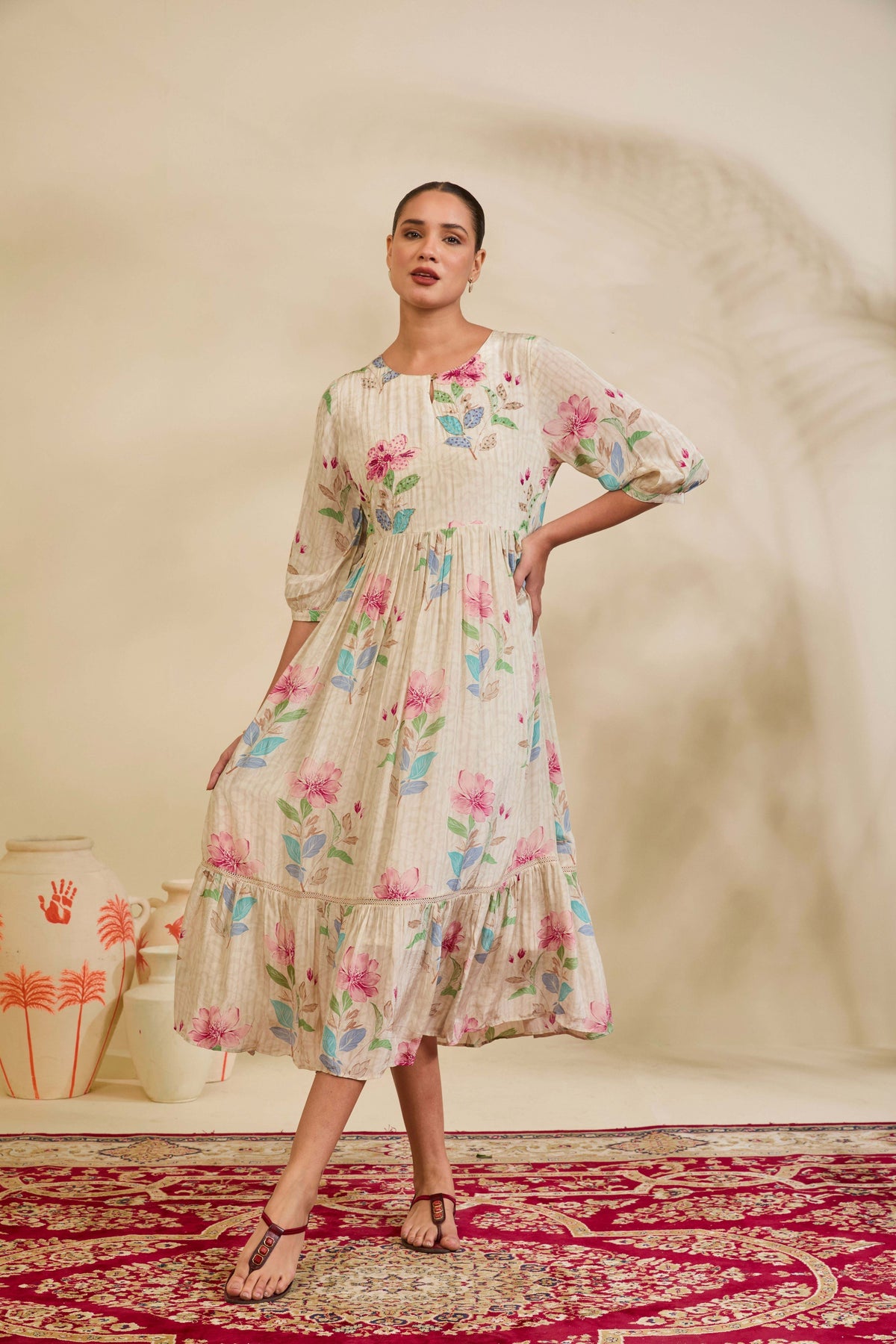 Ivory Floral Printed Muslin Tiered Dress with Keyhole Neckline and Lace Panel