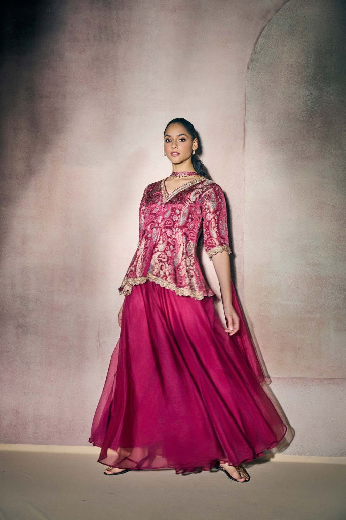 Magenta Banarasi Tissue Peplum Top with Organza Palazzo Set