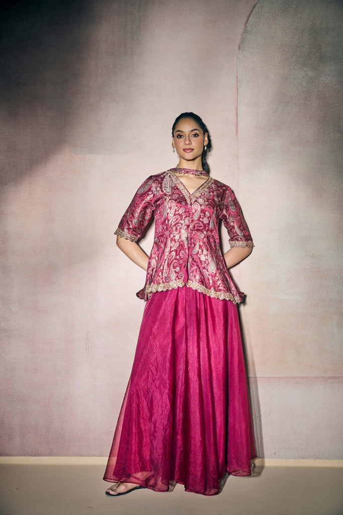 Magenta Banarasi Tissue Peplum Top with Organza Palazzo Set