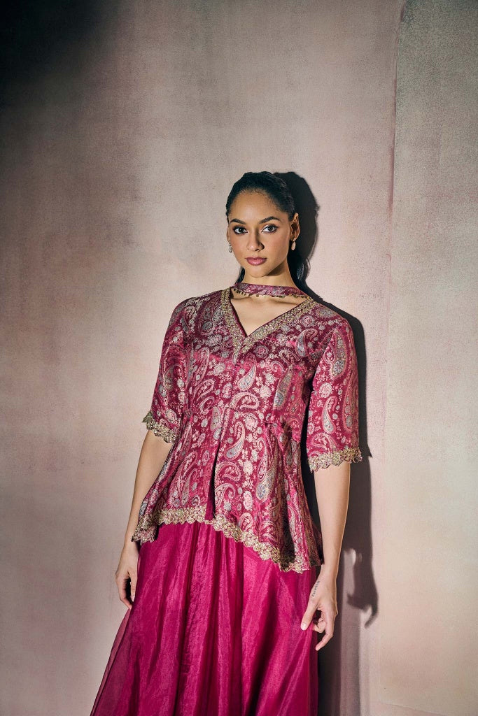 Magenta Banarasi Tissue Peplum Top with Organza Palazzo Set