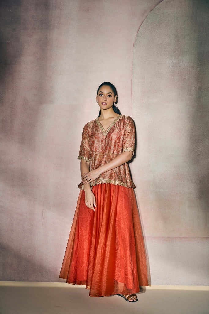Rust Orange Banarasi Tissue Peplum Top with Organza Palazzo Set