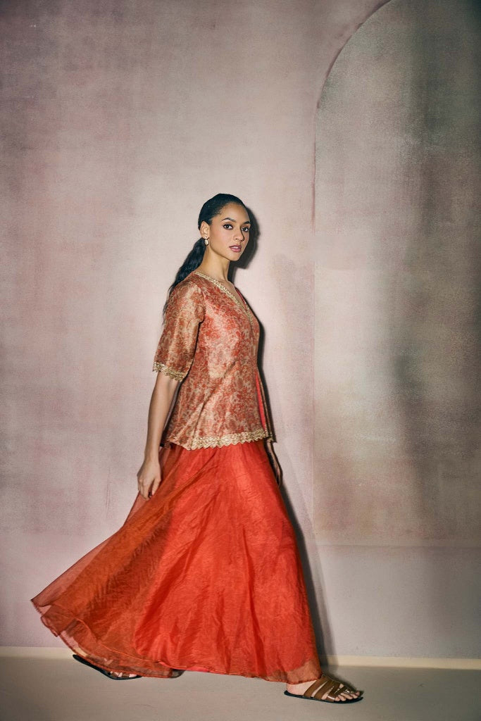 Rust Orange Banarasi Tissue Peplum Top with Organza Palazzo Set
