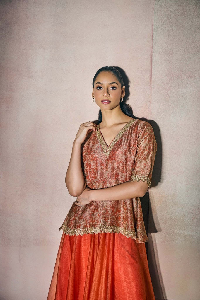 Rust Orange Banarasi Tissue Peplum Top with Organza Palazzo Set