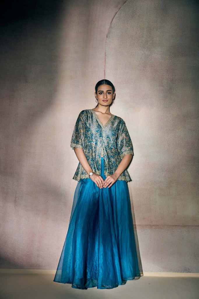 Teal Blue Banarasi Tissue Peplum Top with Organza Palazzo Set
