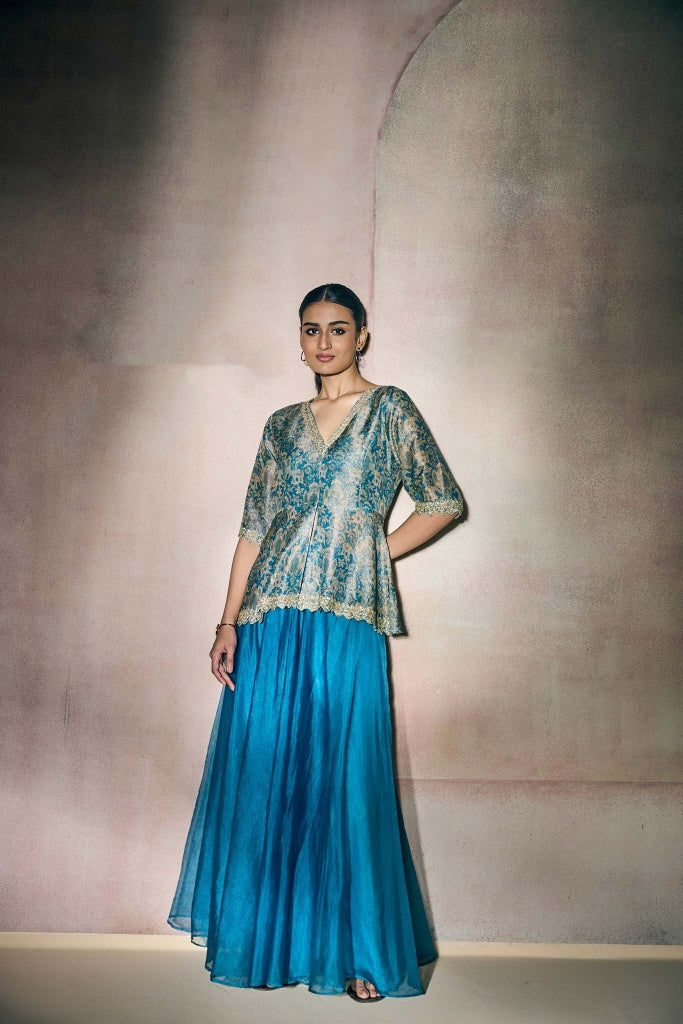Teal Blue Banarasi Tissue Peplum Top with Organza Palazzo Set
