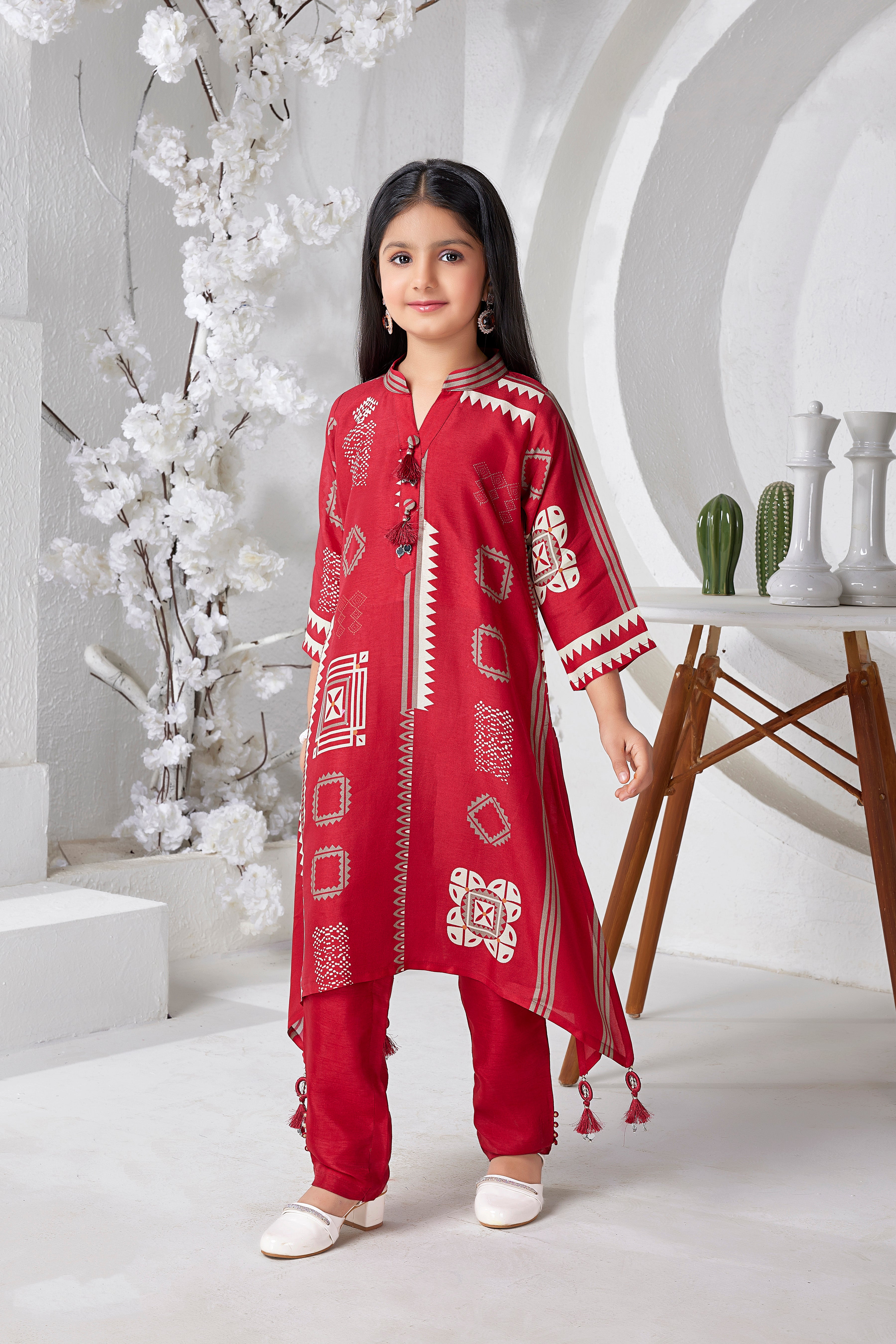 Red Printed Kurti & Pant Set for Girls