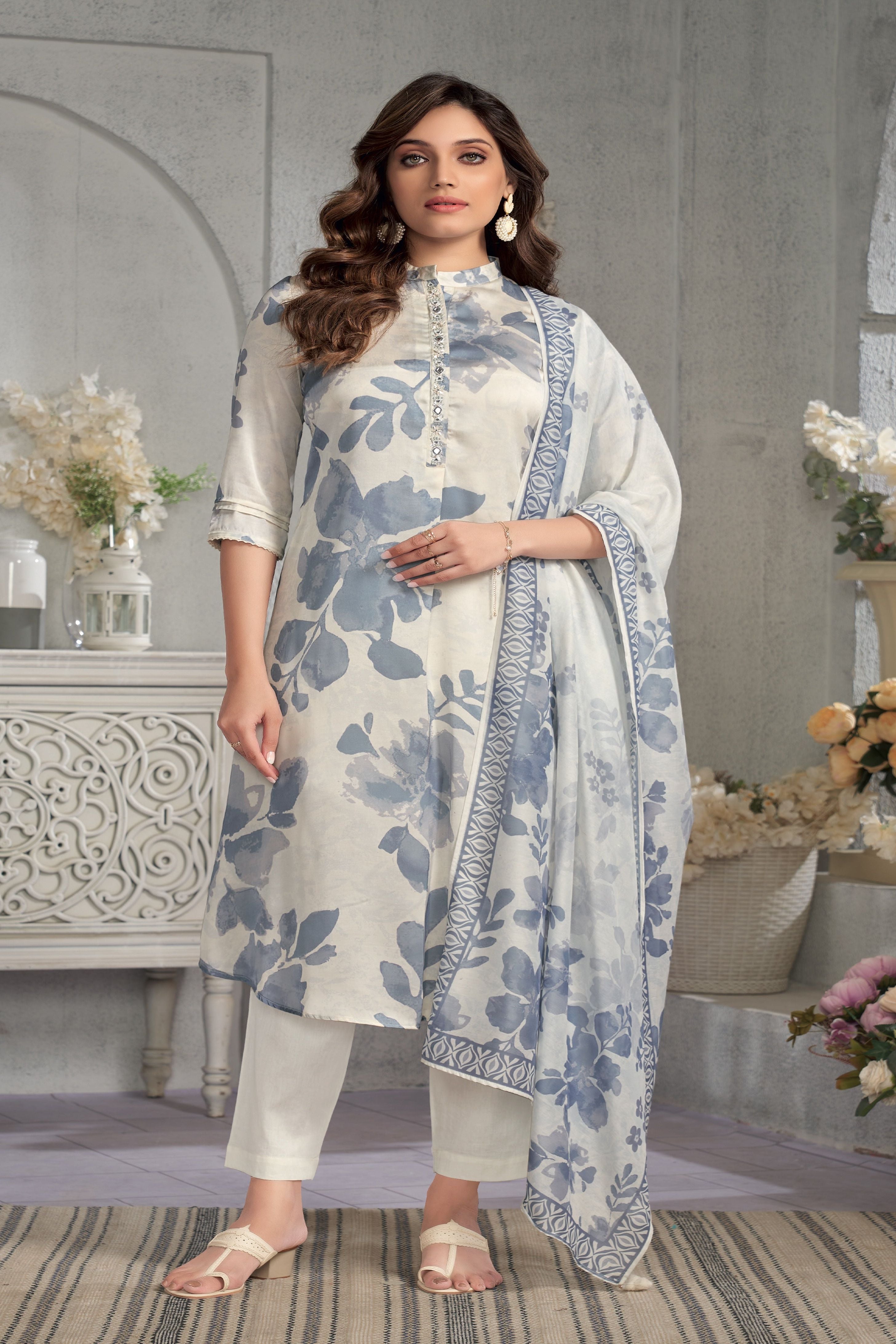 Cream and Blue Floral Printed Kurta Set with Dupatta - Mokshaa