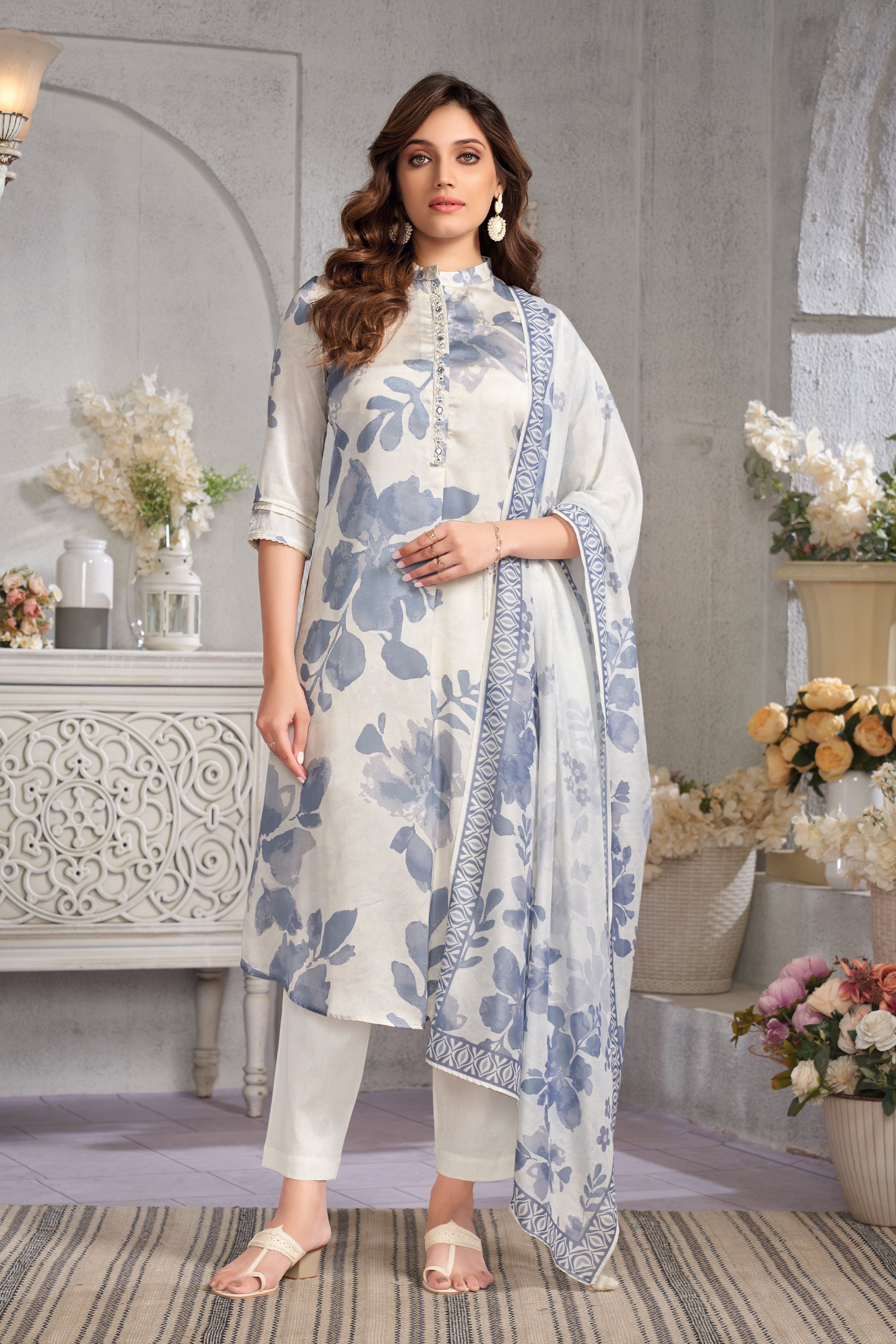 Cream and Blue Floral Printed Kurta Set with Dupatta - Mokshaa