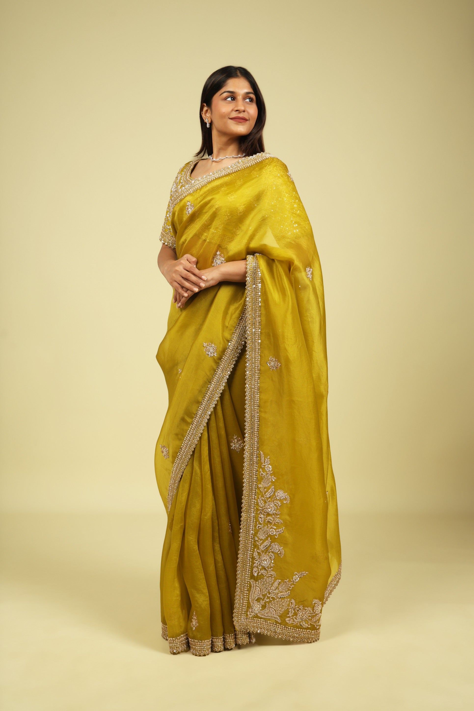 Lime Green Organza Saree with Zardoosi, Sequin Buttas & Embroidered Border