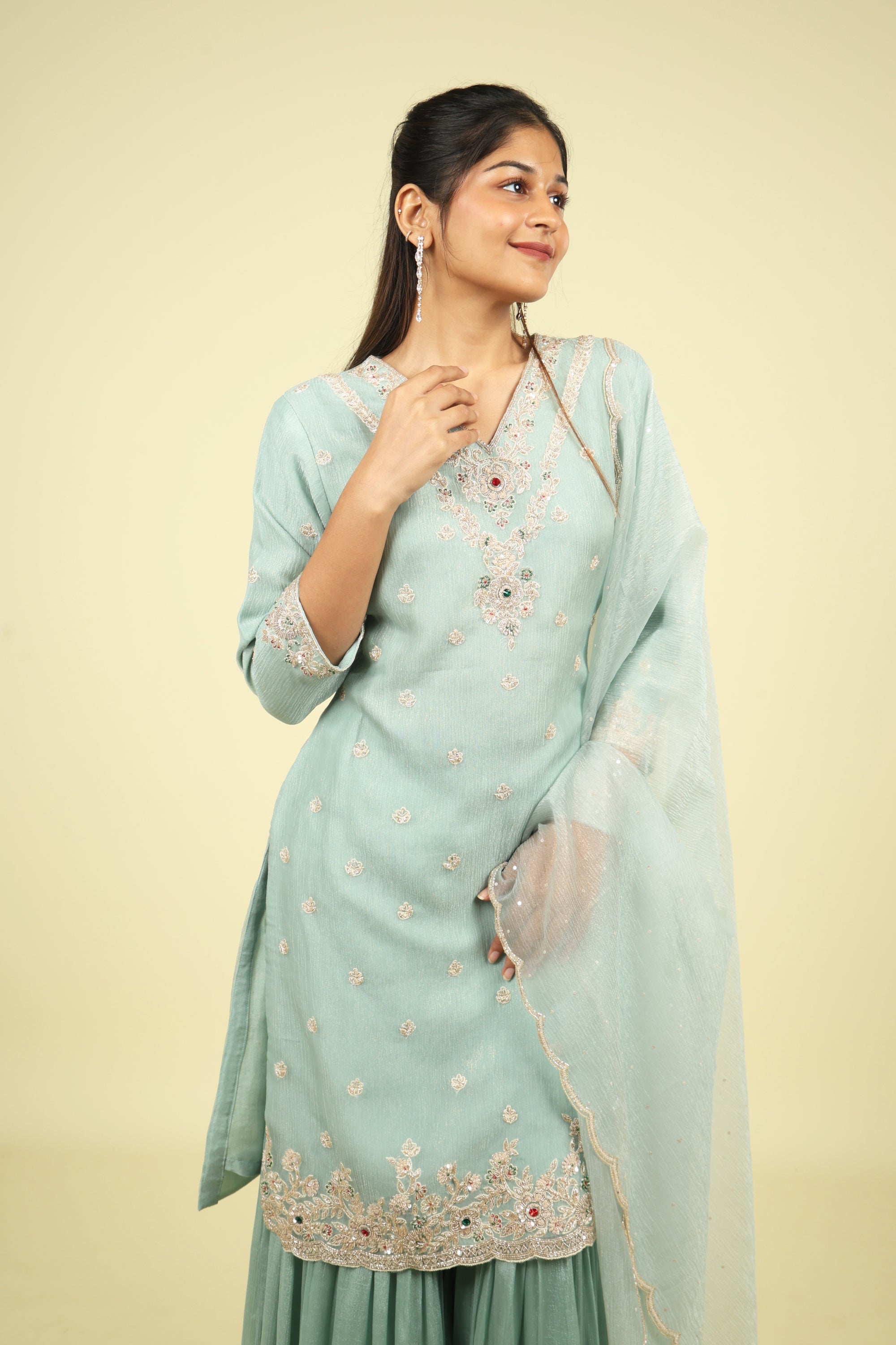 Light Blue Crush Tissue Sharara Set with Cutdana & Pearl Embroidery - Mokshaa