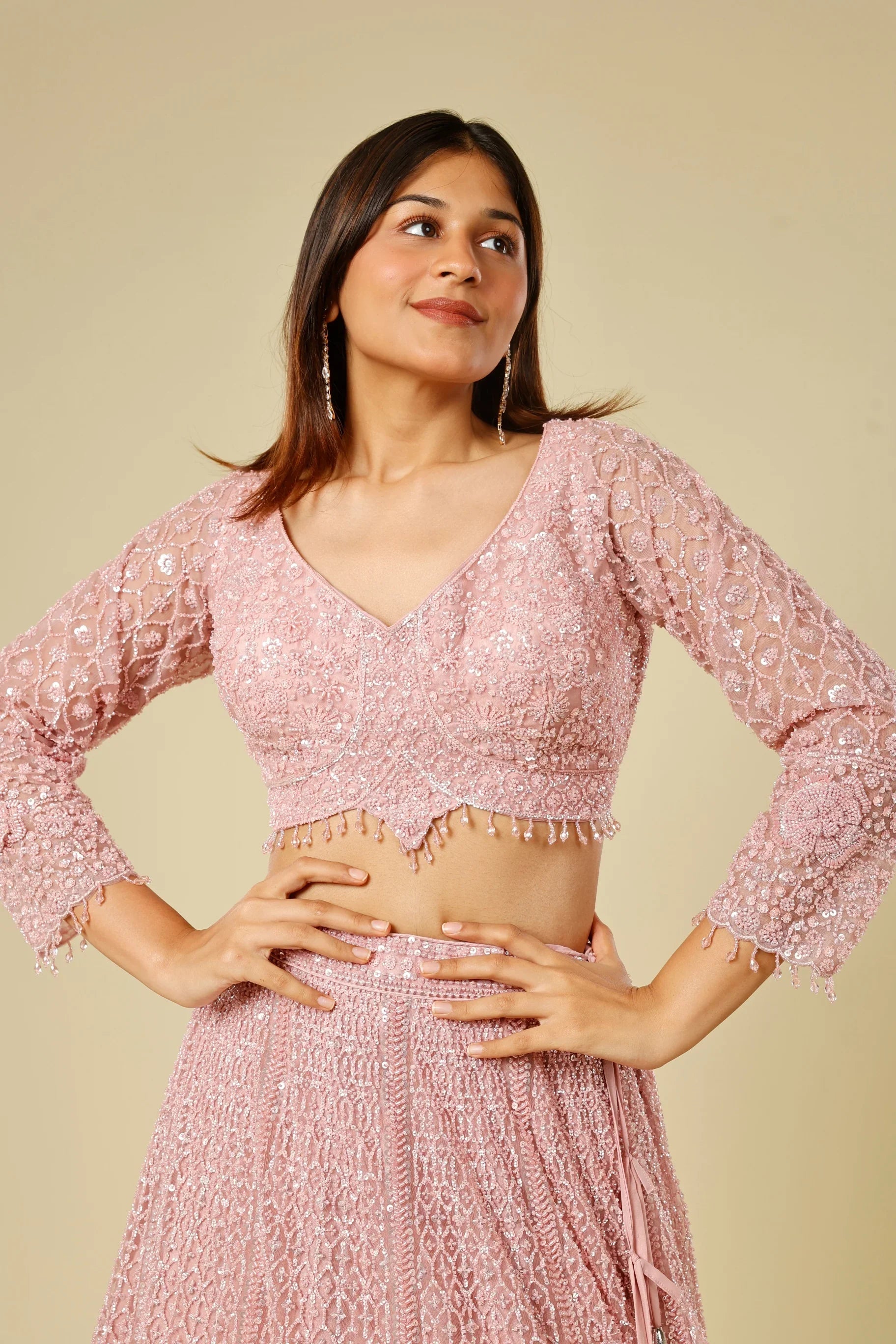 Blush Pink Net Lehenga Set with Pearl, Sequin & Cutdana Embroidery