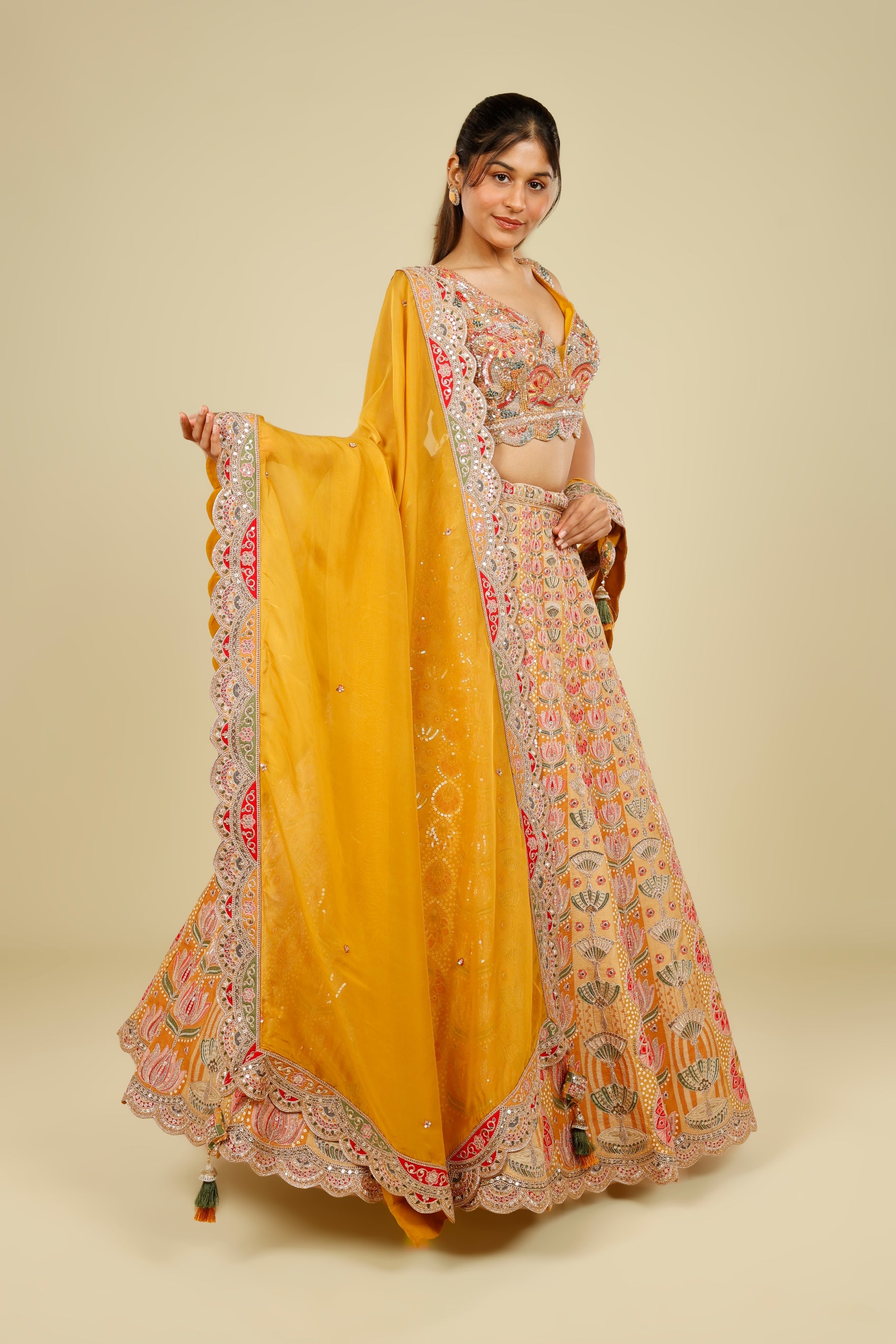 Yellow Printed Silk Lehenga Set with Zari & Sequin Embroidery