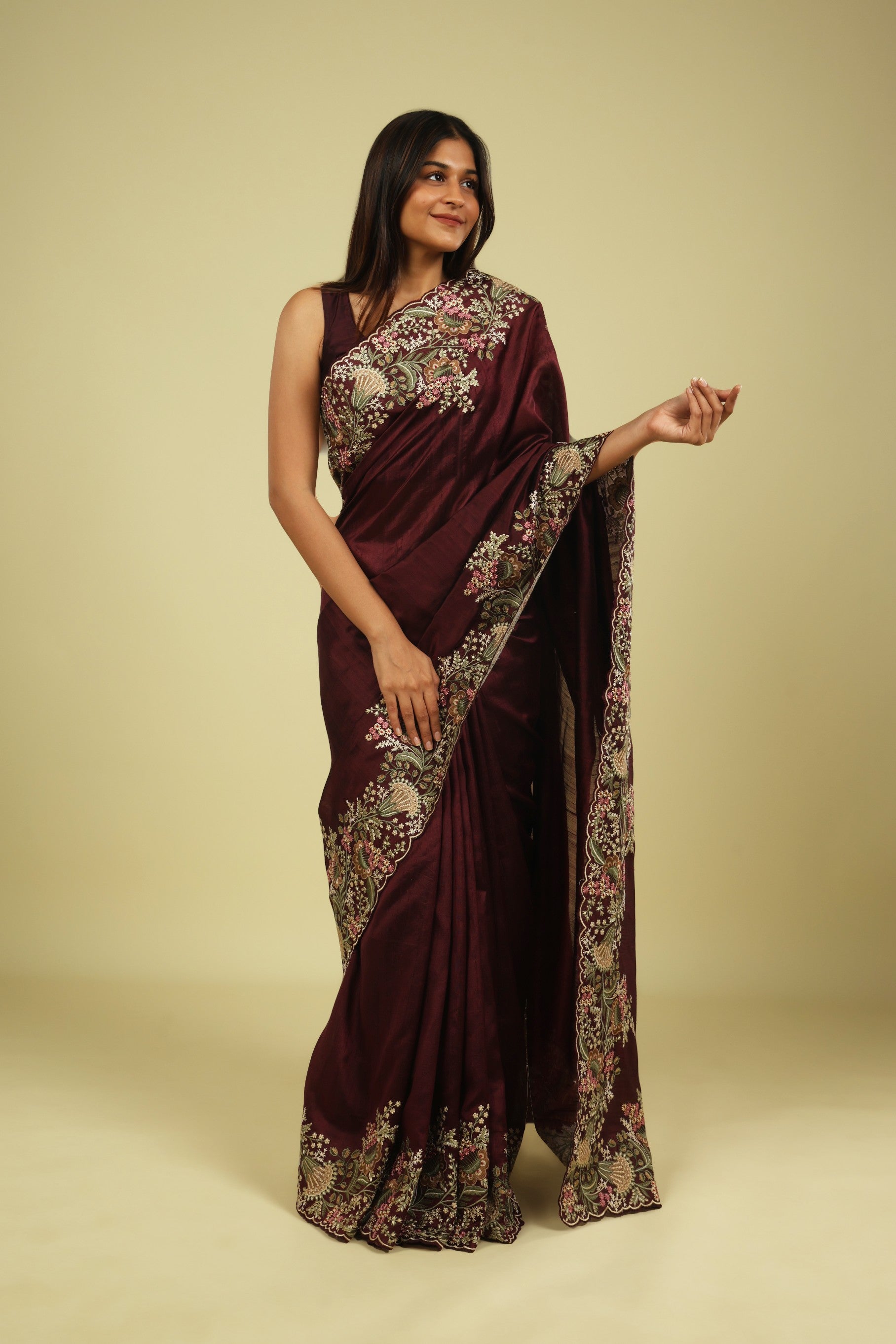 Dark Wine Handloom Tussar Saree with Multi-Thread Embroidered Border